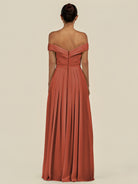 KissDress-Lurina Spice A Line Chiffon Off the Shoulder Pleated Long Bridesmaid Dress with Slit