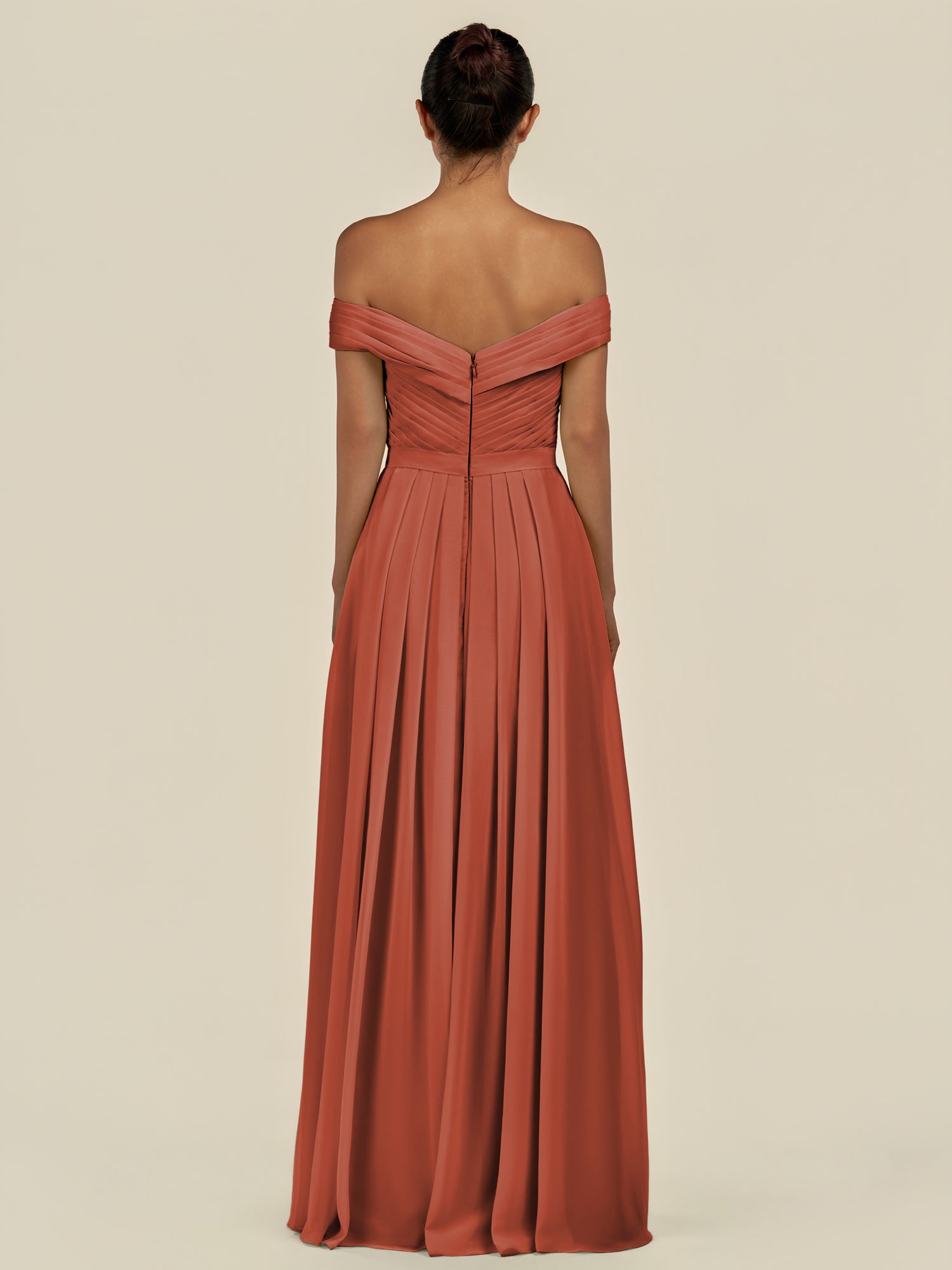 KissDress-Lurina Spice A Line Chiffon Off the Shoulder Pleated Long Bridesmaid Dress with Slit