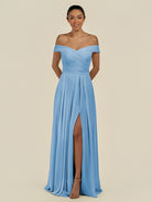KissDress-Lurina Steel Blue A Line Chiffon Off the Shoulder Pleated Long Bridesmaid Dress with Slit
