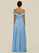 KissDress-Lurina Steel Blue A Line Chiffon Off the Shoulder Pleated Long Bridesmaid Dress with Slit