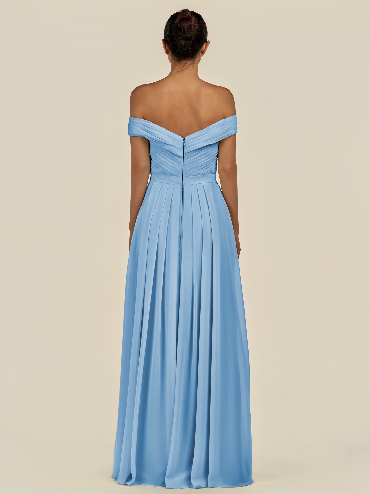 KissDress-Lurina Steel Blue A Line Chiffon Off the Shoulder Pleated Long Bridesmaid Dress with Slit
