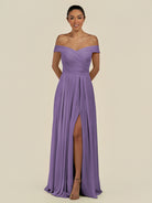 KissDress-Lurina Tahiti A Line Chiffon Off the Shoulder Pleated Long Bridesmaid Dress with Slit