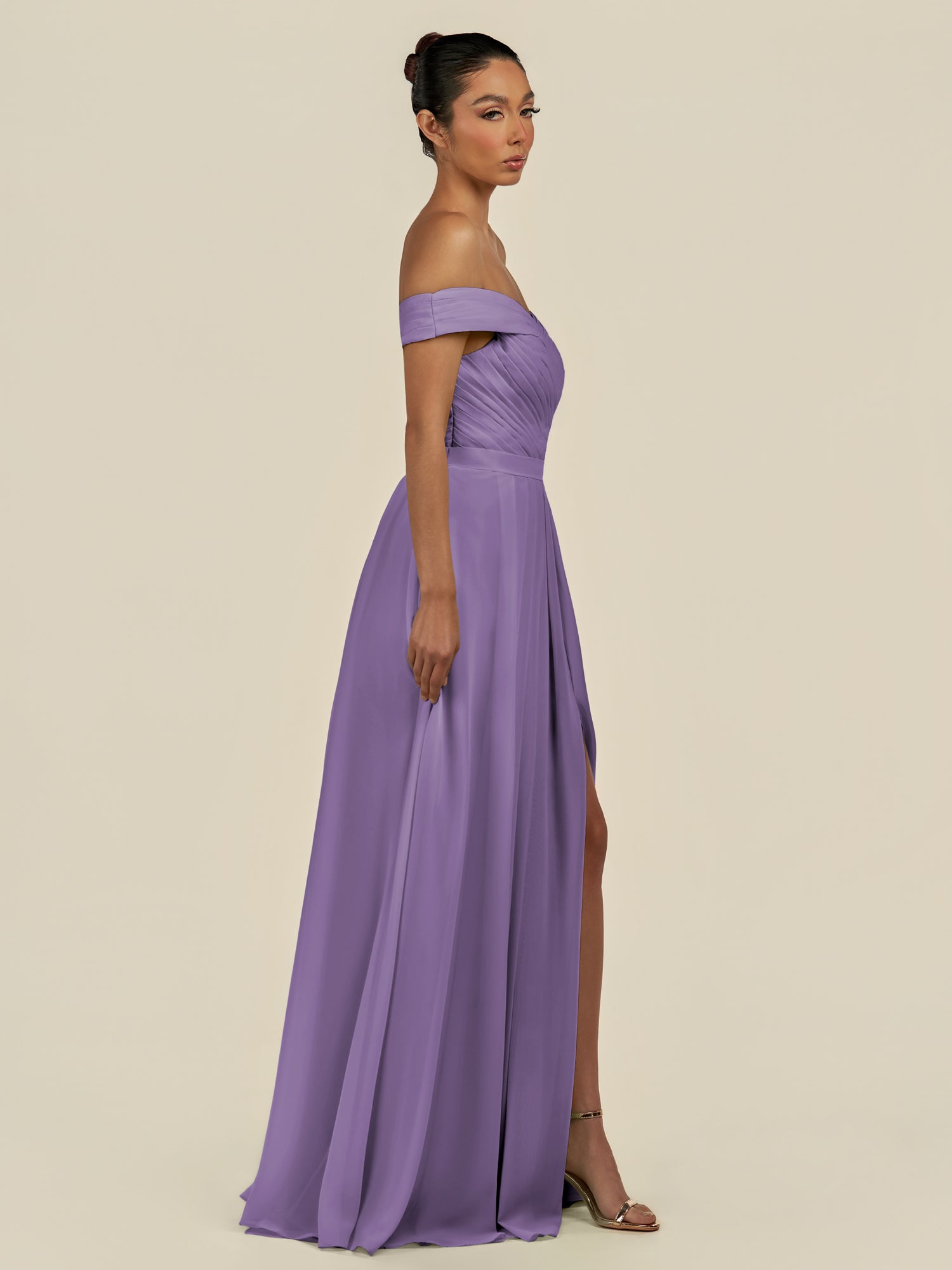 KissDress-Lurina Tahiti A Line Chiffon Off the Shoulder Pleated Long Bridesmaid Dress with Slit