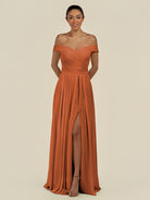KissDress-Lurina Terracotta A Line Chiffon Off the Shoulder Pleated Long Bridesmaid Dress with Slit