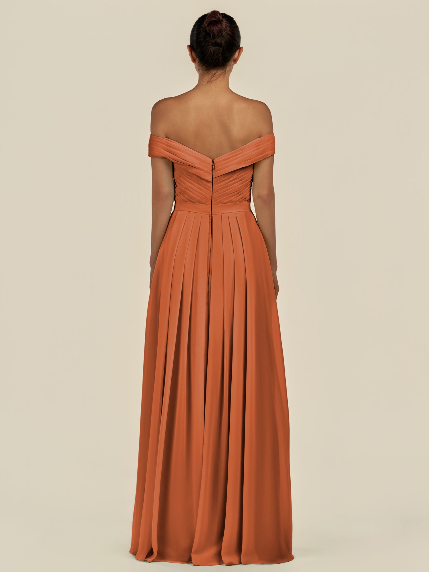 KissDress-Lurina Terracotta A Line Chiffon Off the Shoulder Pleated Long Bridesmaid Dress with Slit