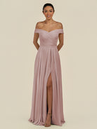 KissDress-Lurina Toffee A Line Chiffon Off the Shoulder Pleated Long Bridesmaid Dress with Slit