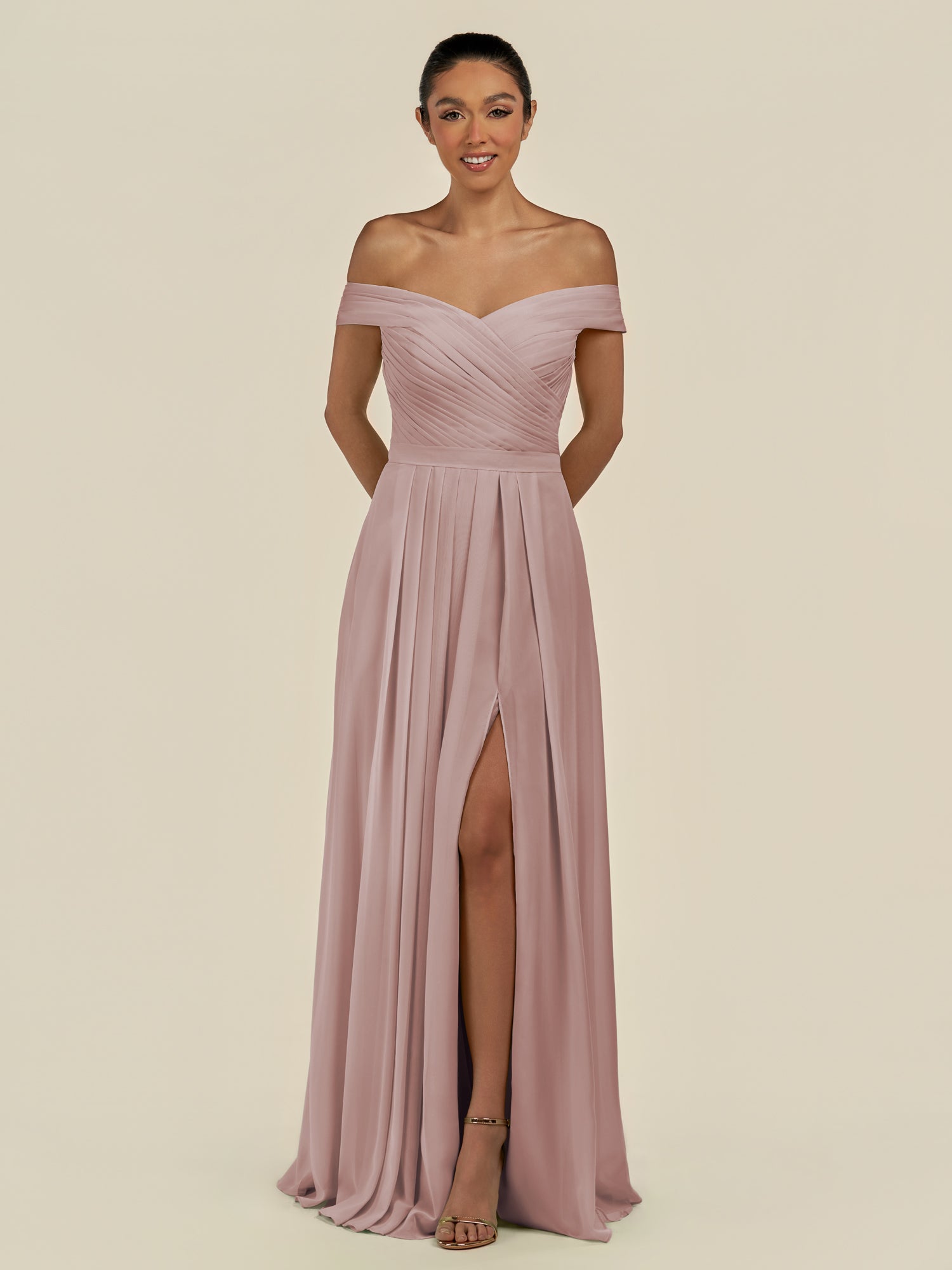 KissDress-Lurina Toffee A Line Chiffon Off the Shoulder Pleated Long Bridesmaid Dress with Slit
