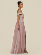 KissDress-Lurina Toffee A Line Chiffon Off the Shoulder Pleated Long Bridesmaid Dress with Slit