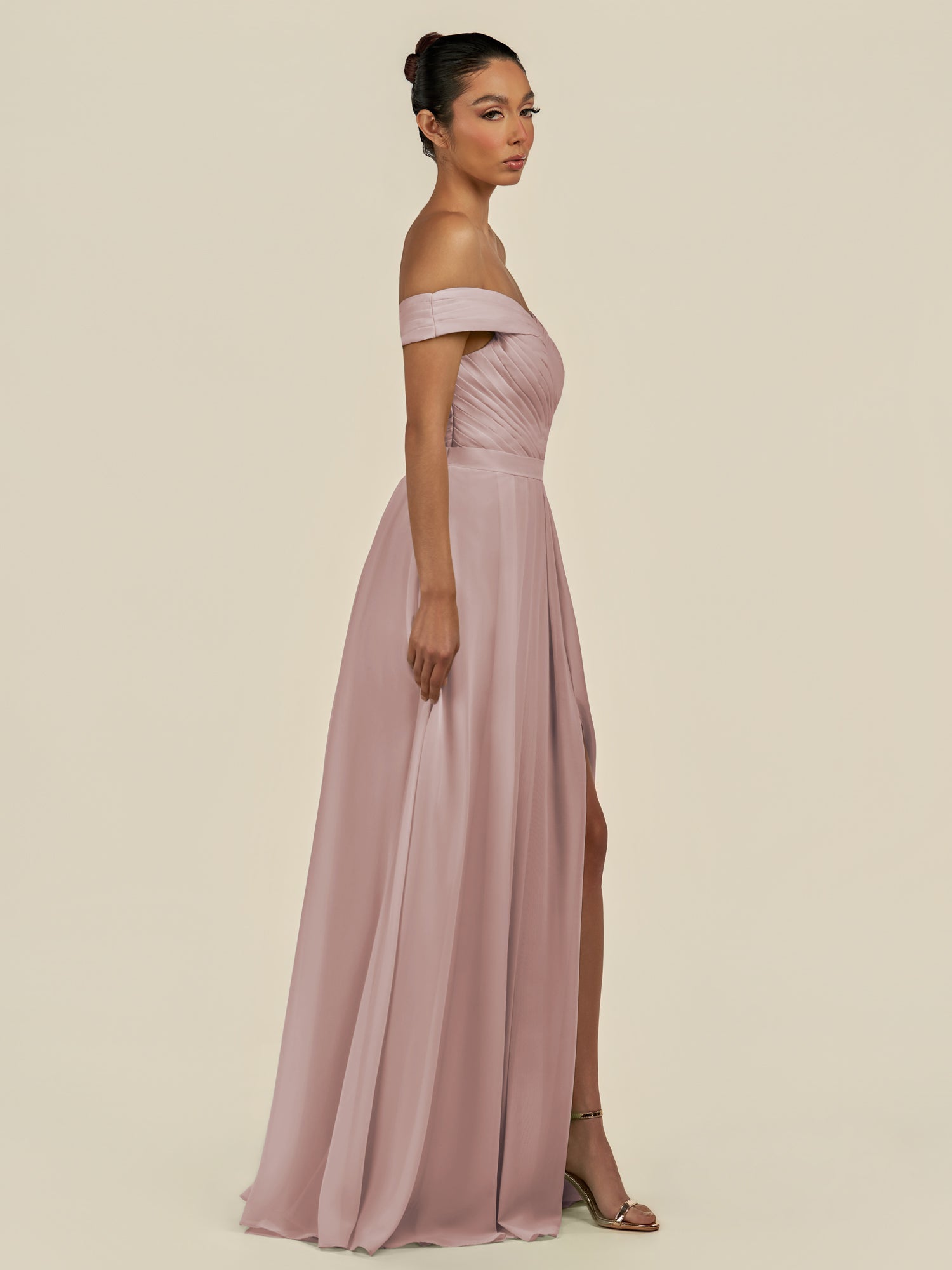 KissDress-Lurina Toffee A Line Chiffon Off the Shoulder Pleated Long Bridesmaid Dress with Slit