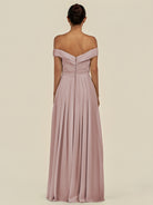 KissDress-Lurina Toffee A Line Chiffon Off the Shoulder Pleated Long Bridesmaid Dress with Slit