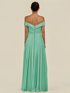 KissDress-Lurina Turquoise A Line Chiffon Off the Shoulder Pleated Long Bridesmaid Dress with Slit