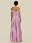 KissDress-Lurina Vintage Mauve A Line Chiffon Off the Shoulder Pleated Long Bridesmaid Dress with Slit