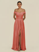 KissDress-Lurina Wild Rose A Line Chiffon Off the Shoulder Pleated Long Bridesmaid Dress with Slit
