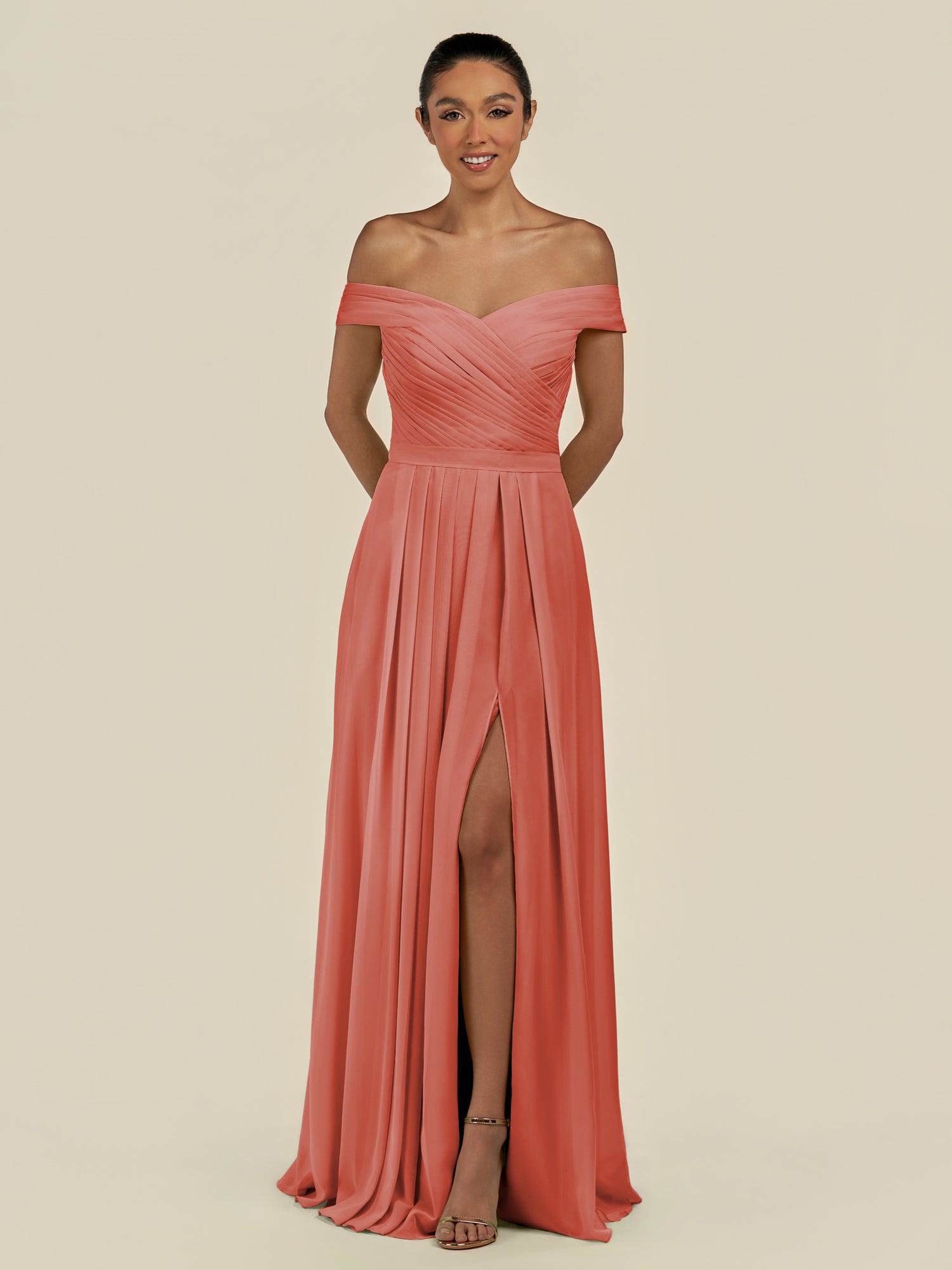 KissDress-Lurina Wild Rose A Line Chiffon Off the Shoulder Pleated Long Bridesmaid Dress with Slit