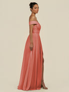 KissDress-Lurina Wild Rose A Line Chiffon Off the Shoulder Pleated Long Bridesmaid Dress with Slit