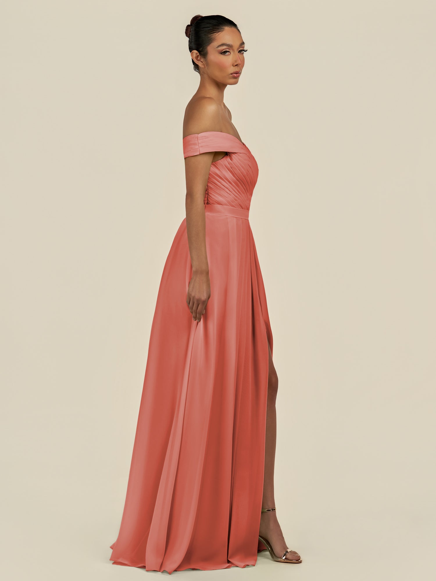 KissDress-Lurina Wild Rose A Line Chiffon Off the Shoulder Pleated Long Bridesmaid Dress with Slit
