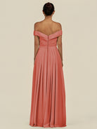 KissDress-Lurina Wild Rose A Line Chiffon Off the Shoulder Pleated Long Bridesmaid Dress with Slit