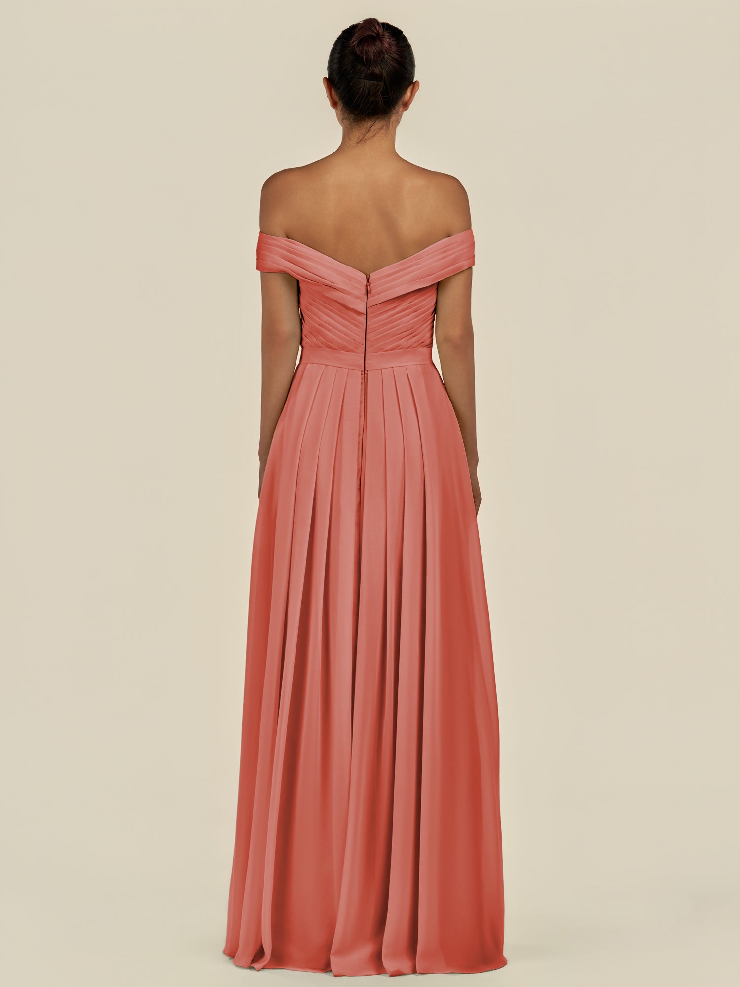 KissDress-Lurina Wild Rose A Line Chiffon Off the Shoulder Pleated Long Bridesmaid Dress with Slit