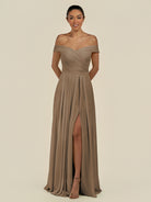 KissDress-Lurina Willow Green A Line Chiffon Off the Shoulder Pleated Long Bridesmaid Dress with Slit