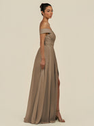 KissDress-Lurina Willow Green A Line Chiffon Off the Shoulder Pleated Long Bridesmaid Dress with Slit