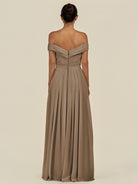 KissDress-Lurina Willow Green A Line Chiffon Off the Shoulder Pleated Long Bridesmaid Dress with Slit