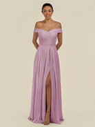 KissDress-Lurina Wisteria A Line Chiffon Off the Shoulder Pleated Long Bridesmaid Dress with Slit