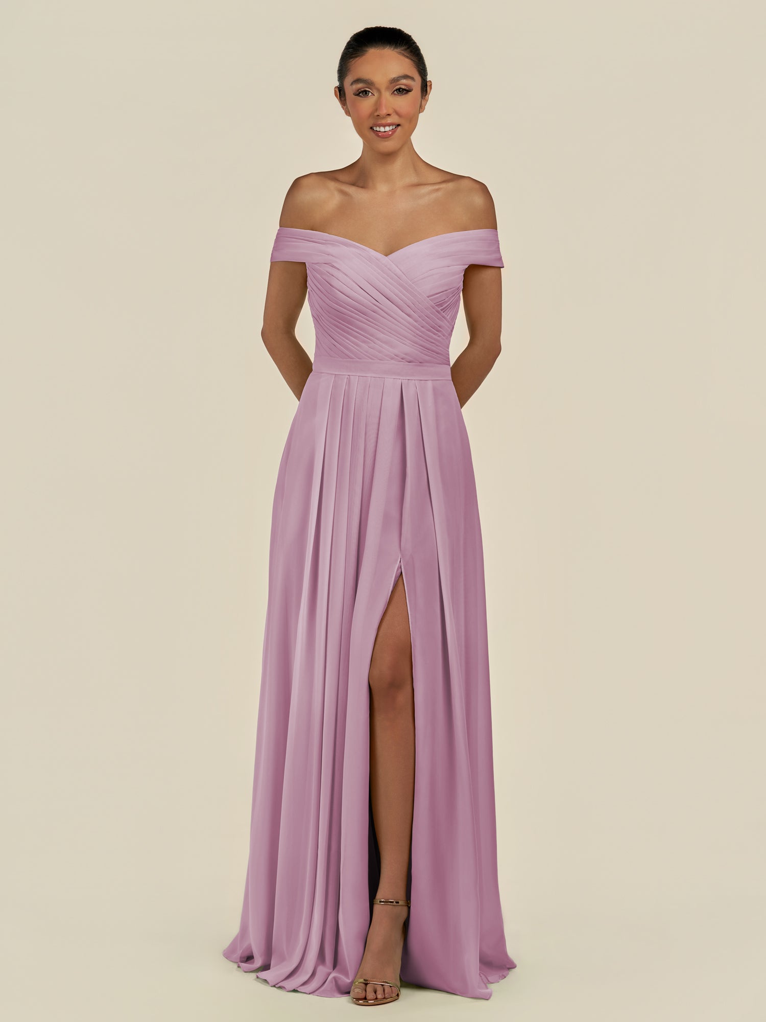 KissDress-Lurina Wisteria A Line Chiffon Off the Shoulder Pleated Long Bridesmaid Dress with Slit