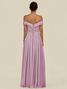KissDress-Lurina Wisteria A Line Chiffon Off the Shoulder Pleated Long Bridesmaid Dress with Slit