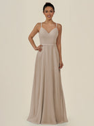 KissDress-Lurne Almond A Line Chiffon V Neck Long Bridesmaid Dress with Cinched Waistline