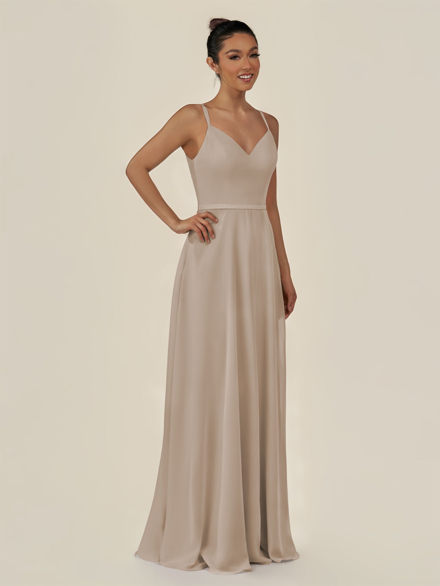KissDress-Lurne Almond A Line Chiffon V Neck Long Bridesmaid Dress with Cinched Waistline