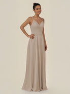 KissDress-Lurne Almond A Line Chiffon V Neck Long Bridesmaid Dress with Cinched Waistline