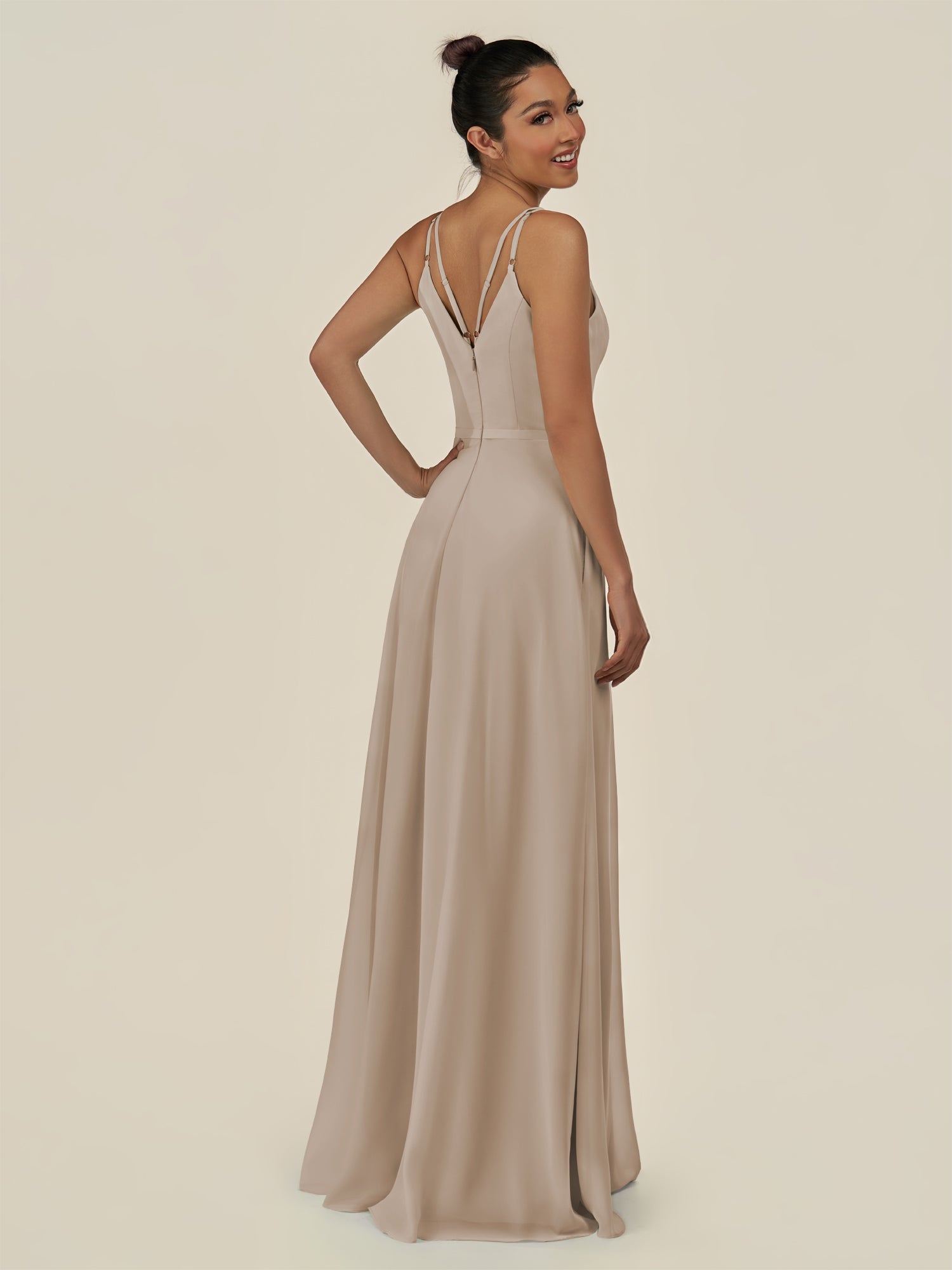 KissDress-Lurne Almond A Line Chiffon V Neck Long Bridesmaid Dress with Cinched Waistline