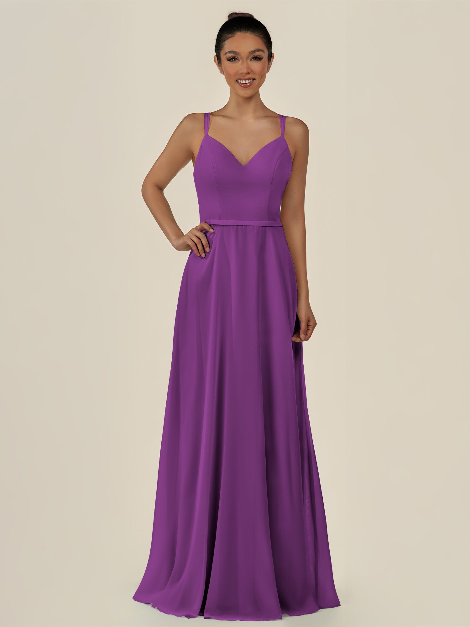 KissDress-Lurne Amethyst A Line Chiffon V Neck Long Bridesmaid Dress with Cinched Waistline