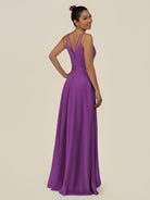 KissDress-Lurne Amethyst A Line Chiffon V Neck Long Bridesmaid Dress with Cinched Waistline