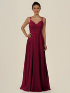 KissDress-Lurne Berry A Line Chiffon V Neck Long Bridesmaid Dress with Cinched Waistline