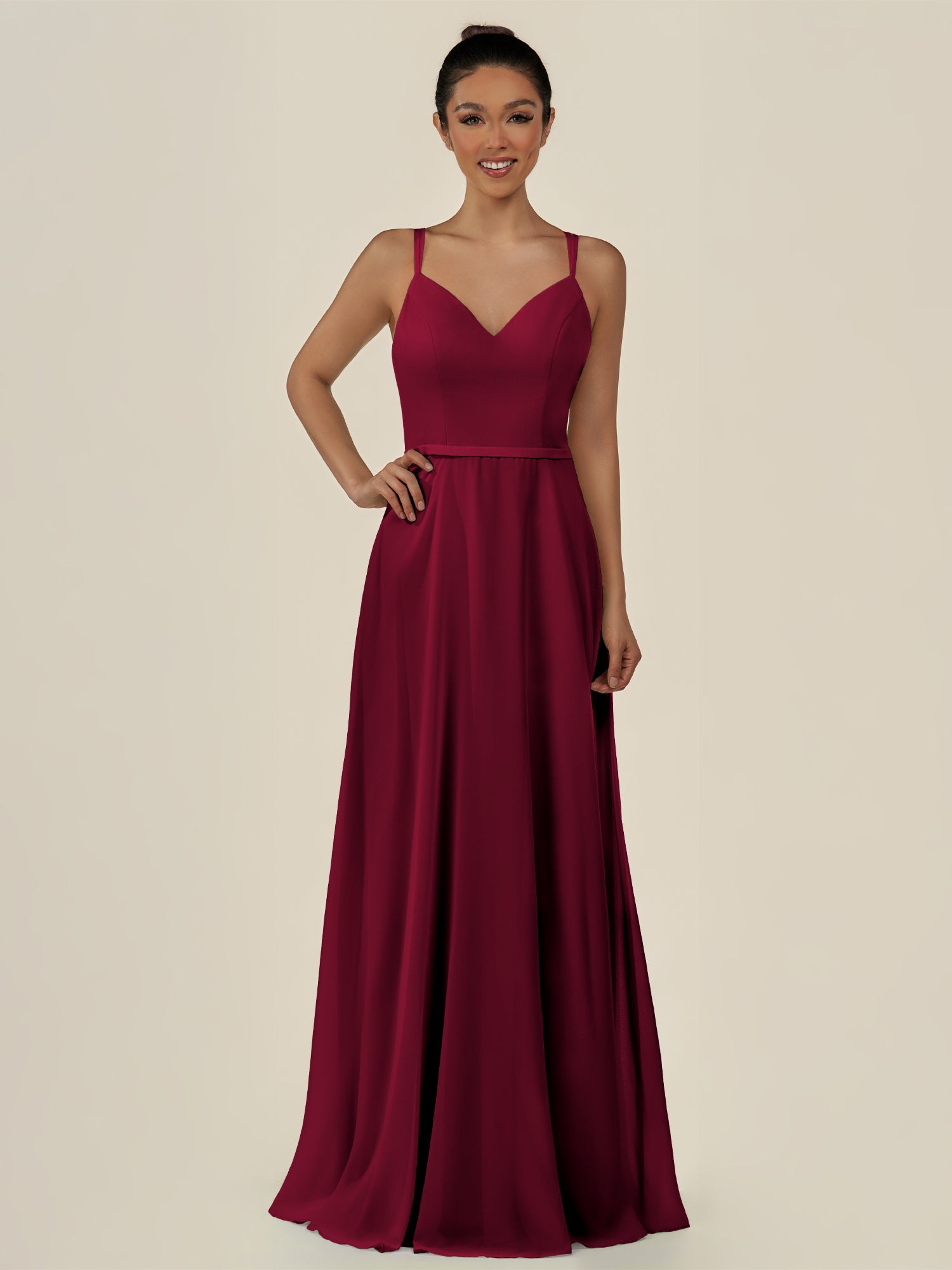 KissDress-Lurne Berry A Line Chiffon V Neck Long Bridesmaid Dress with Cinched Waistline