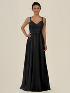 KissDress-Lurne Black A Line Chiffon V Neck Long Bridesmaid Dress with Cinched Waistline