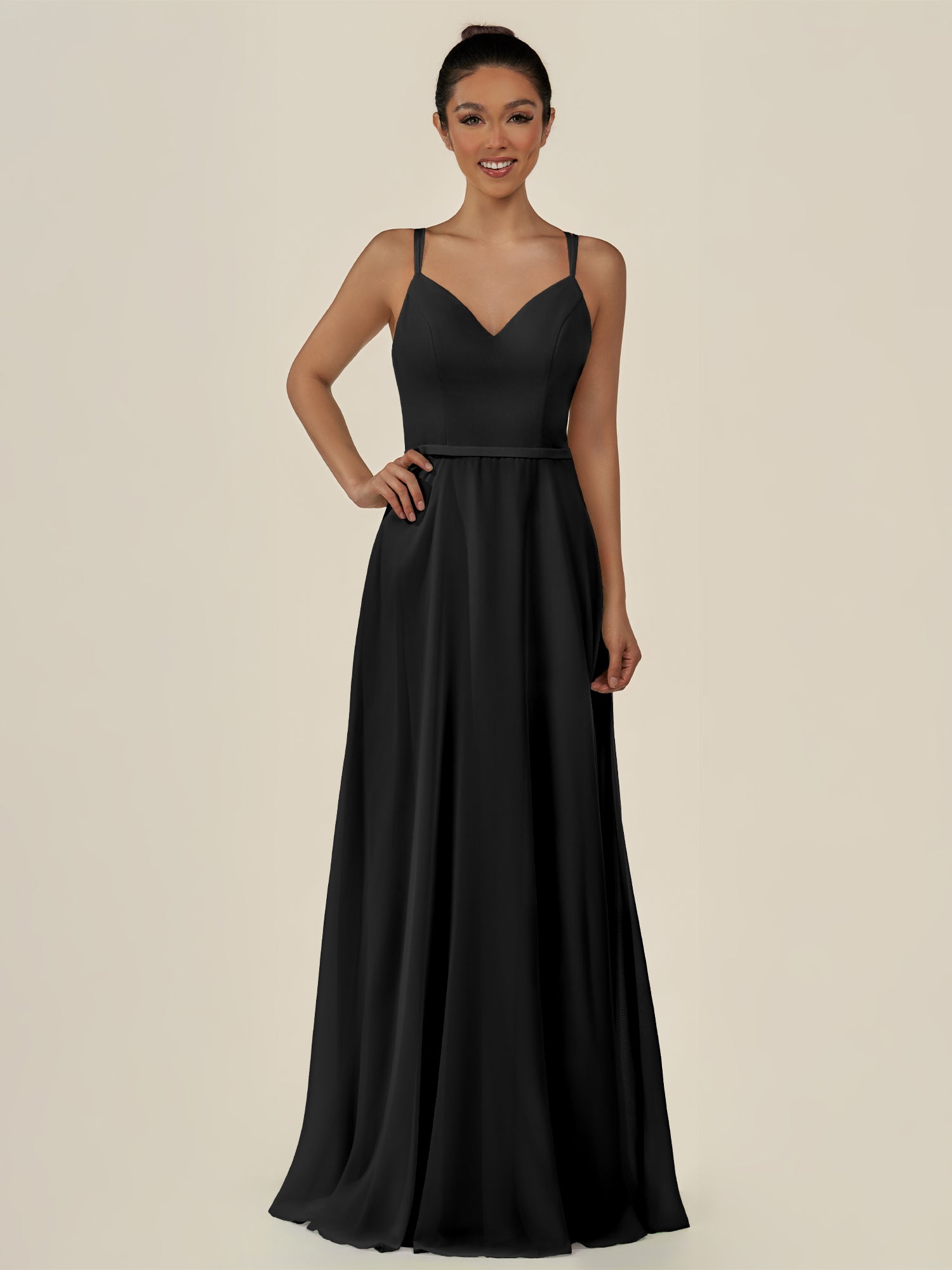 KissDress-Lurne Black A Line Chiffon V Neck Long Bridesmaid Dress with Cinched Waistline