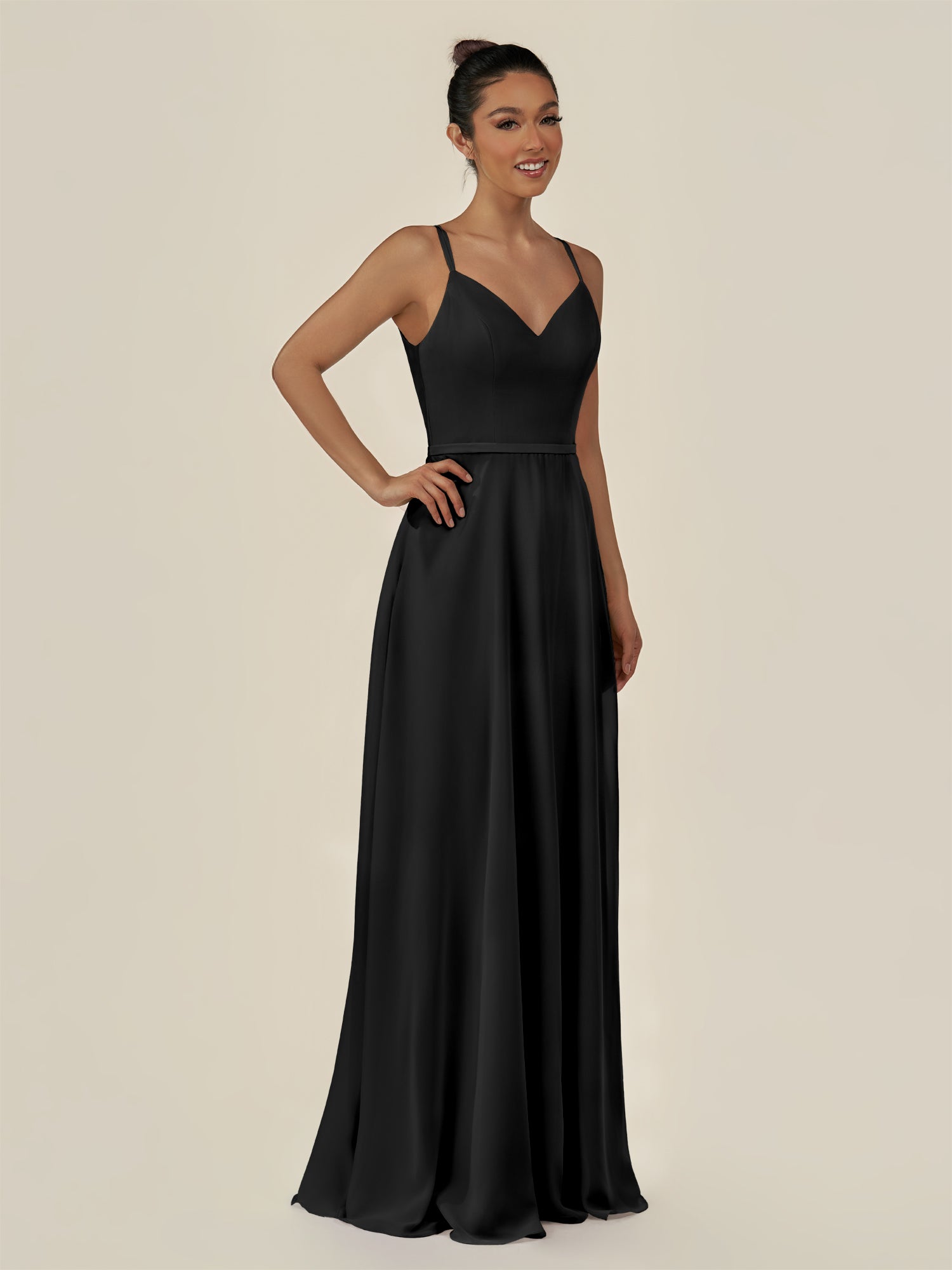 KissDress-Lurne Black A Line Chiffon V Neck Long Bridesmaid Dress with Cinched Waistline