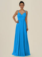 KissDress-Lurne Blue Jay A Line Chiffon V Neck Long Bridesmaid Dress with Cinched Waistline