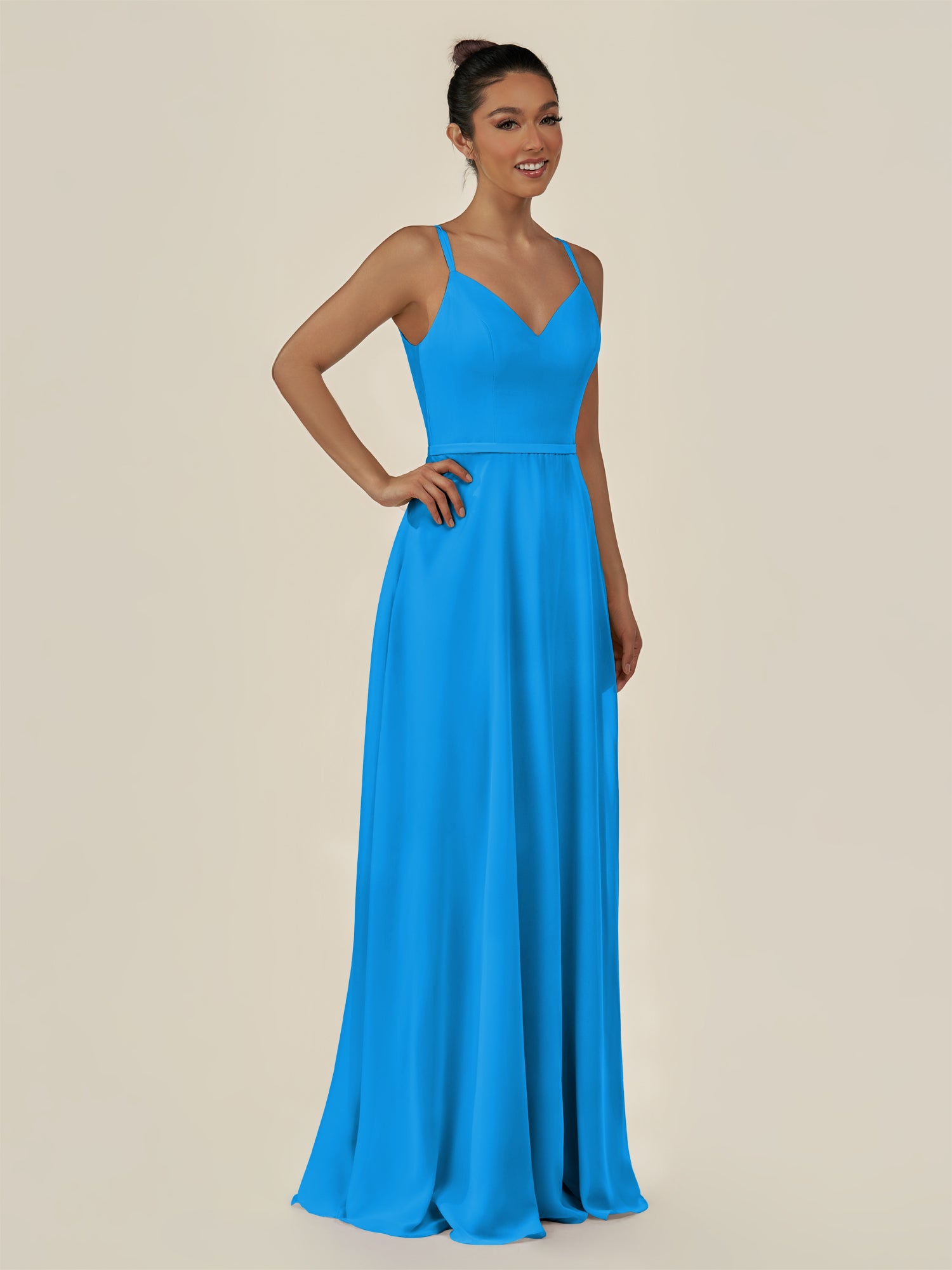 KissDress-Lurne Blue Jay A Line Chiffon V Neck Long Bridesmaid Dress with Cinched Waistline