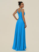 KissDress-Lurne Blue Jay A Line Chiffon V Neck Long Bridesmaid Dress with Cinched Waistline