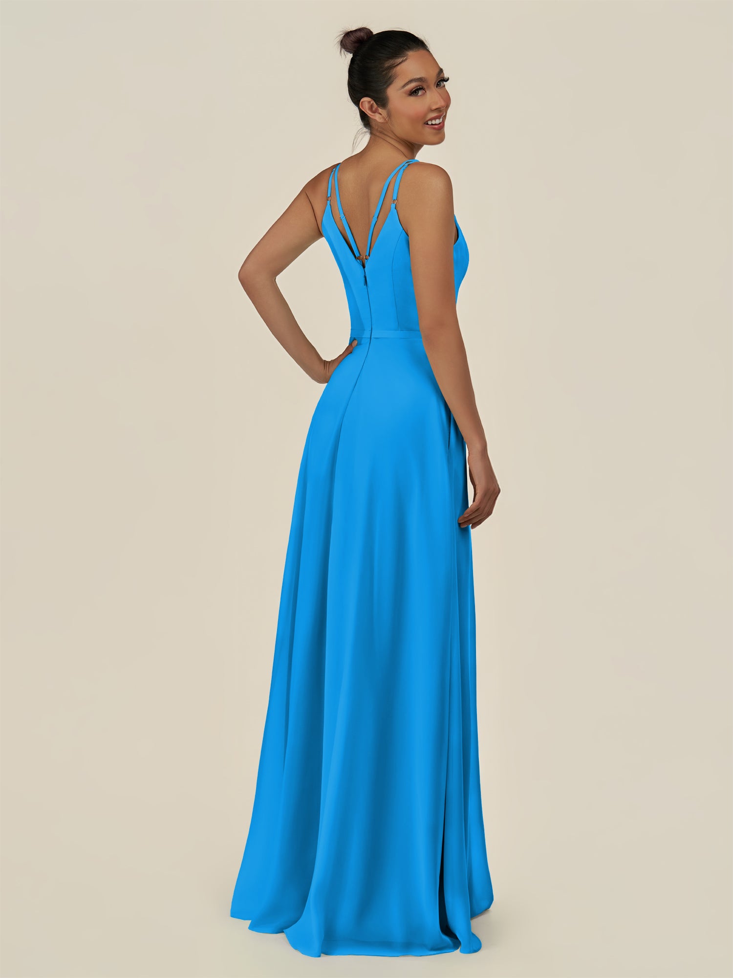 KissDress-Lurne Blue Jay A Line Chiffon V Neck Long Bridesmaid Dress with Cinched Waistline