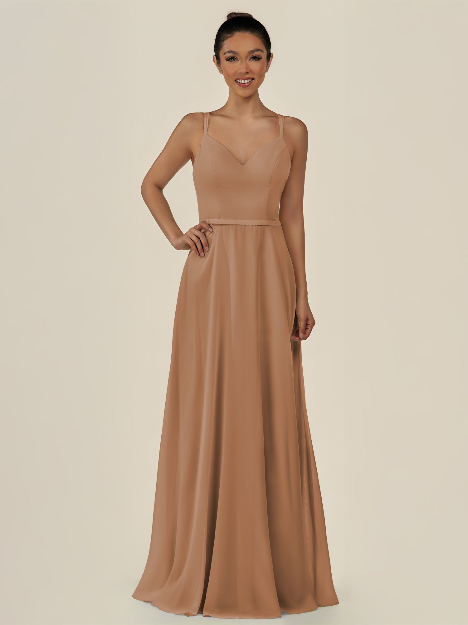 KissDress-Lurne Bronzer A Line Chiffon V Neck Long Bridesmaid Dress with Cinched Waistline