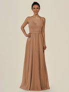 KissDress-Lurne Bronzer A Line Chiffon V Neck Long Bridesmaid Dress with Cinched Waistline
