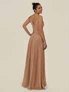 KissDress-Lurne Bronzer A Line Chiffon V Neck Long Bridesmaid Dress with Cinched Waistline