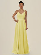 KissDress-Lurne Buttercup A Line Chiffon V Neck Long Bridesmaid Dress with Cinched Waistline