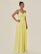 KissDress-Lurne Buttercup A Line Chiffon V Neck Long Bridesmaid Dress with Cinched Waistline