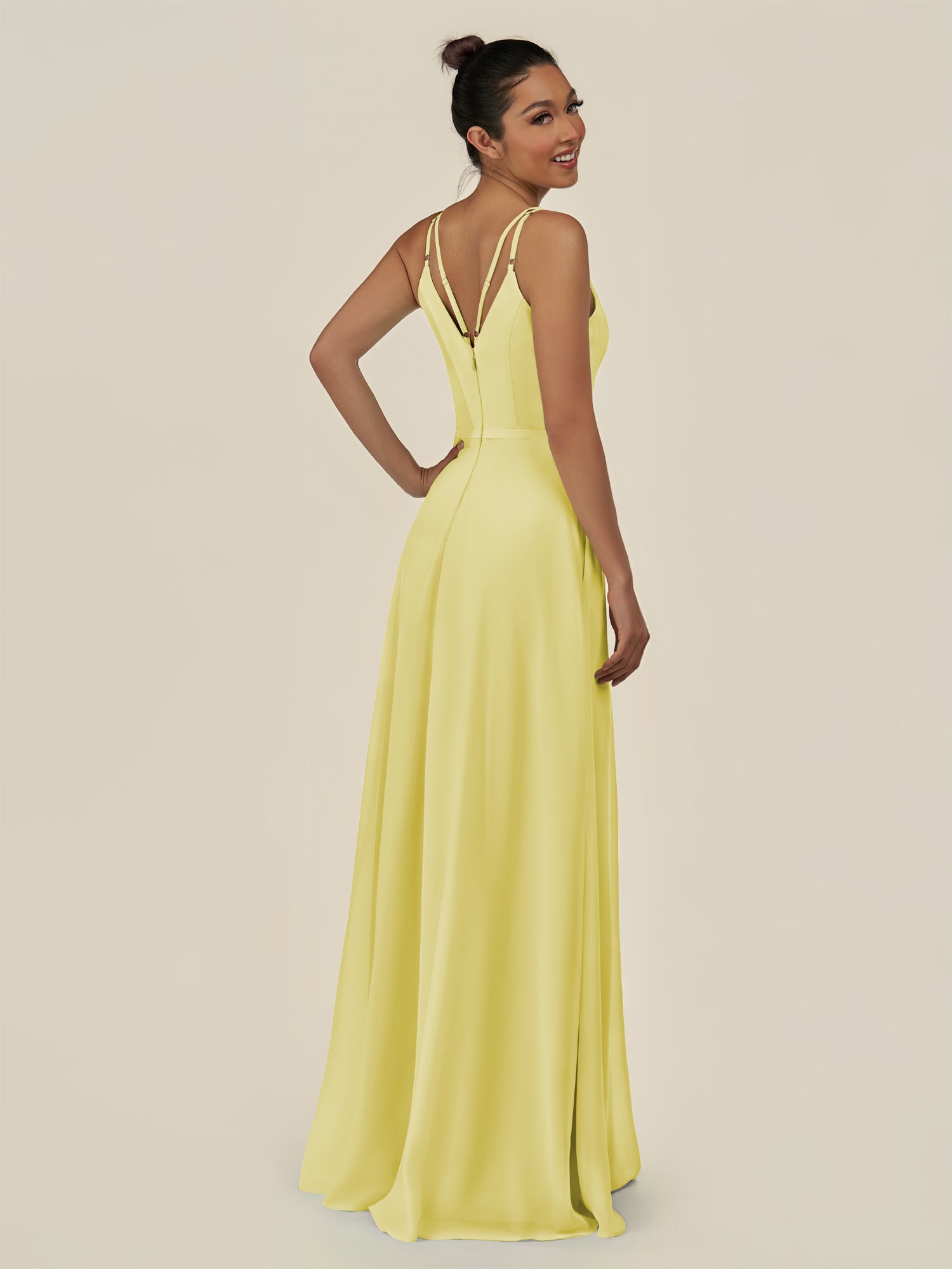 KissDress-Lurne Buttercup A Line Chiffon V Neck Long Bridesmaid Dress with Cinched Waistline