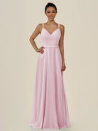 KissDress-Lurne Candy Pink A Line Chiffon V Neck Long Bridesmaid Dress with Cinched Waistline